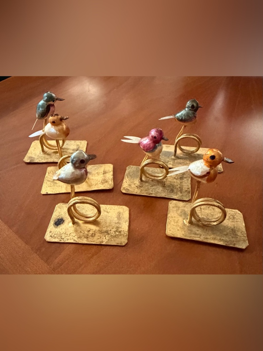 Set of Decorative Bird Place Card Holders in Gold with Multicolor Birds